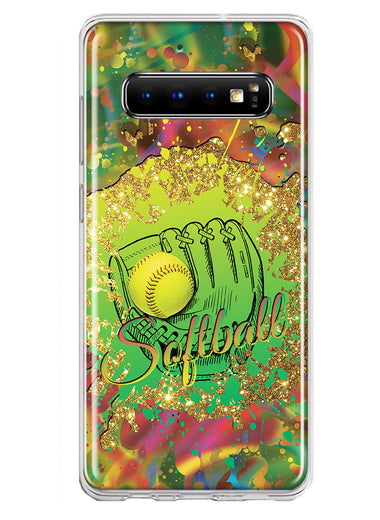 Samsung Galaxy S10 Love Softball Girls Glove Green Tie Dye Swirl Paint Hybrid Protective Phone Case Cover