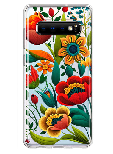Samsung Galaxy S10 Colorful Red Orange Folk Style Floral Vibrant Spring Flowers Hybrid Protective Phone Case Cover
