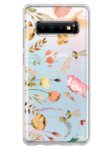 Samsung Galaxy S10 Peach Meadow Wildflowers Butterflies Bees Watercolor Floral Hybrid Protective Phone Case Cover
