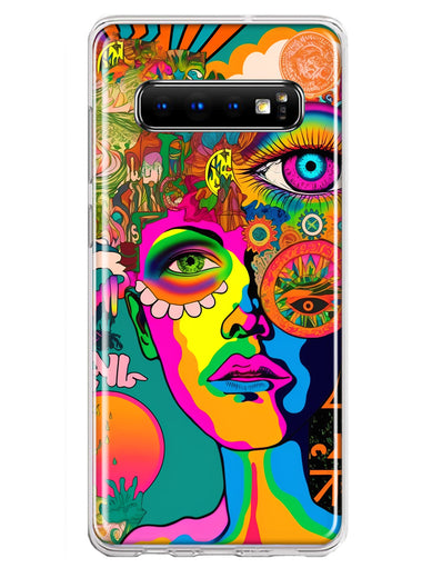 Samsung Galaxy S10 Neon Rainbow Psychedelic Hippie One Eye Pop Art Hybrid Protective Phone Case Cover