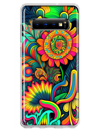 Samsung Galaxy S10 Neon Rainbow Psychedelic Indie Hippie Sunflowers Hybrid Protective Phone Case Cover