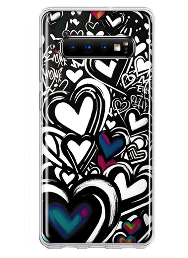 Samsung Galaxy S10 Black White Hearts Love Graffiti Hybrid Protective Phone Case Cover