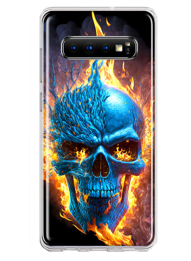 Samsung Galaxy S10 Plus Blue Flaming Skull Burning Fire Double Layer Phone Case Cover