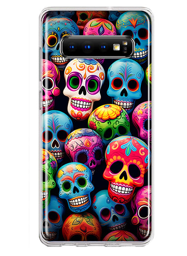 Samsung Galaxy S10 Halloween Spooky Colorful Day of the Dead Skulls Hybrid Protective Phone Case Cover