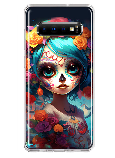 Samsung Galaxy S10 Plus Halloween Spooky Colorful Day of the Dead Skull Girl Hybrid Protective Phone Case Cover
