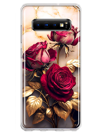 Samsung Galaxy S10 Plus Romantic Elegant Gold Marble Red Roses Double Layer Phone Case Cover