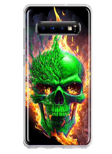 Samsung Galaxy S10 Plus Green Flaming Skull Burning Fire Double Layer Phone Case Cover
