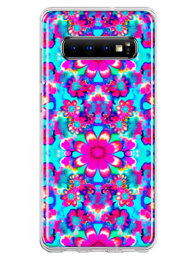 Samsung Galaxy S10 Pink Blue Vintage Hippie Tie Dye Flowers Hybrid Protective Phone Case Cover