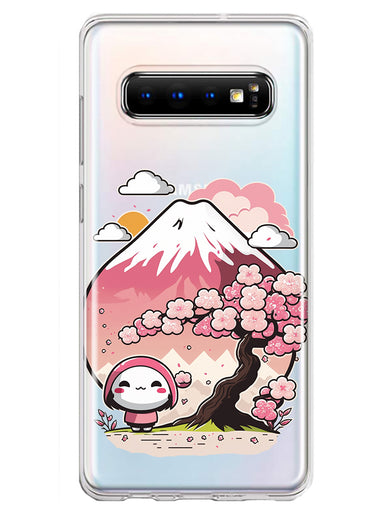 Samsung Galaxy S10 Plus Kawaii Manga Pink Cherry Blossom Fuji Mountain Mochi Girl Hybrid Protective Phone Case Cover