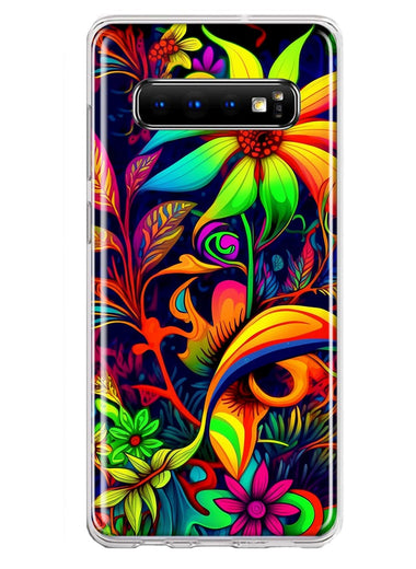 Samsung Galaxy S10 Neon Rainbow Psychedelic Trippy Hippie Daisy Flowers Hybrid Protective Phone Case Cover