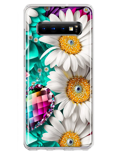 Samsung Galaxy S10 Plus Colorful Crystal White Daisies Rainbow Gems Teal Double Layer Phone Case Cover