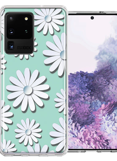Samsung Galaxy S20 Ultra White Teal Daisies Design Double Layer Phone Case Cover