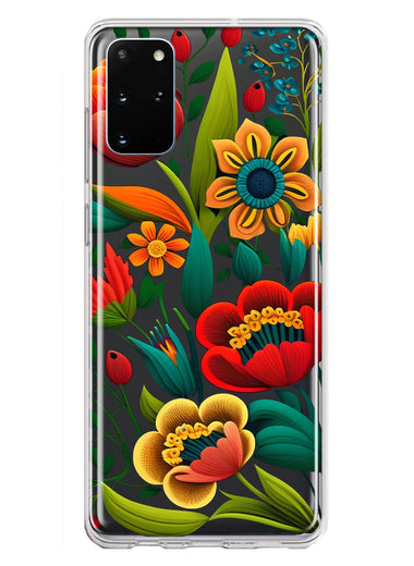 Samsung Galaxy S20 Plus Colorful Red Orange Folk Style Floral Vibrant Spring Flowers Hybrid Protective Phone Case Cover