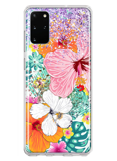 Samsung Galaxy S20 Plus Hawaiian Vibes Hibiscus Flowers Monstera Vacation Summer Hybrid Protective Phone Case Cover