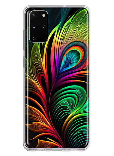 Samsung Galaxy S20 Plus Neon Rainbow Glow Peacock Feather Hybrid Protective Phone Case Cover