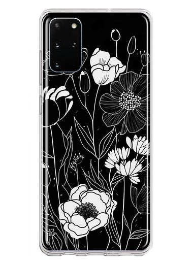 Samsung Galaxy S20 Plus Line Drawing Art White Floral Flowers Hybrid Protective Phone Case Cover