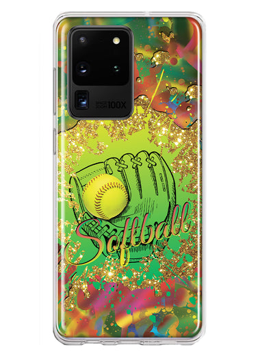 Samsung Galaxy S20 Ultra Love Softball Girls Glove Green Tie Dye Swirl Paint Hybrid Protective Phone Case Cover
