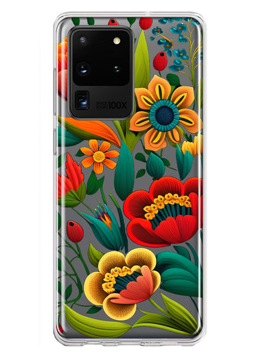 Samsung Galaxy S20 Ultra Colorful Red Orange Folk Style Floral Vibrant Spring Flowers Hybrid Protective Phone Case Cover