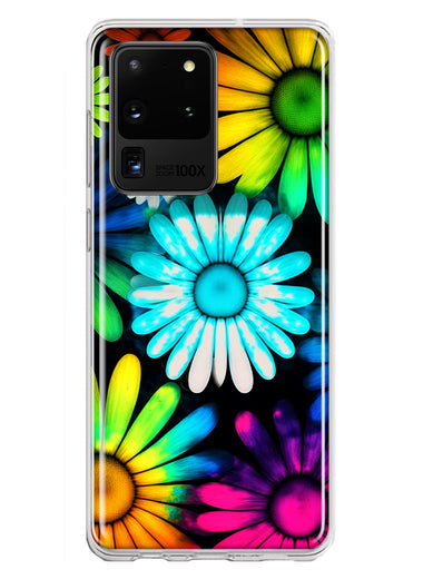 Samsung Galaxy S20 Ultra Neon Rainbow Daisy Glow Colorful Daisies Baby Blue Pink Yellow White Double Layer Phone Case Cover
