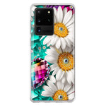 Samsung Galaxy S20 Ultra Colorful Crystal White Daisies Rainbow Gems Teal Double Layer Phone Case Cover