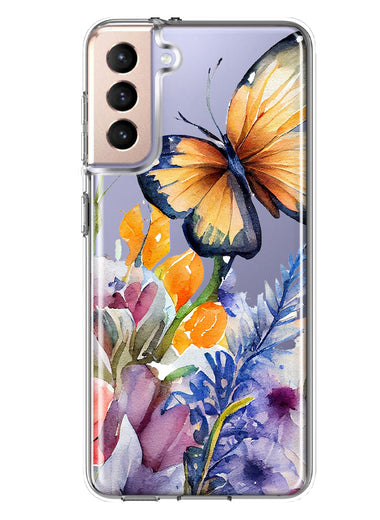 Samsung Galaxy S21 Spring Summer Flowers Butterfly Purple Blue Lilac Floral Hybrid Protective Phone Case Cover