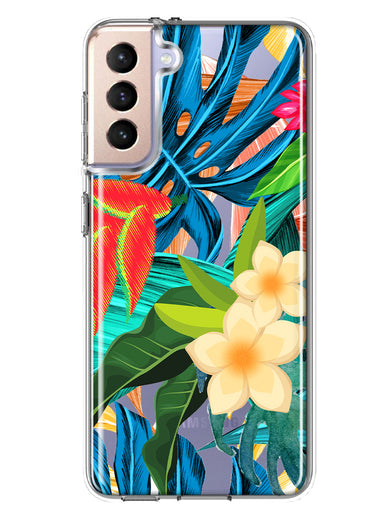 Samsung Galaxy S21 FE Blue Monstera Pothos Tropical Floral Summer Flowers Hybrid Protective Phone Case Cover