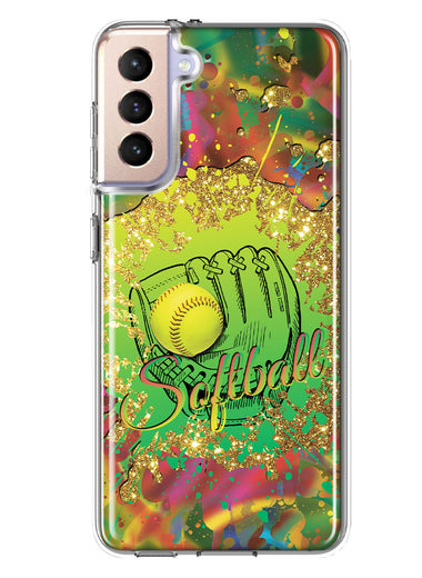 Samsung Galaxy S21 FE Love Softball Girls Glove Green Tie Dye Swirl Paint Hybrid Protective Phone Case Cover