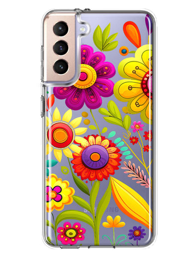 Samsung Galaxy S21 FE Colorful Yellow Pink Folk Style Floral Vibrant Spring Flowers Hybrid Protective Phone Case Cover