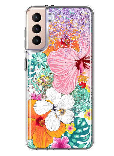 Samsung Galaxy S21 Plus Hawaiian Vibes Hibiscus Flowers Monstera Vacation Summer Hybrid Protective Phone Case Cover