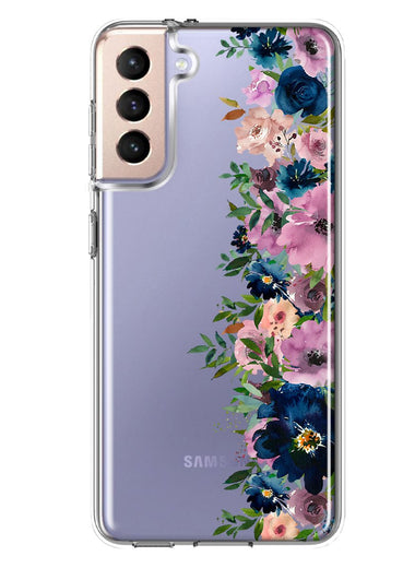 Samsung Galaxy S21 FE Navy Blue Summer Watercolor Floral Classic Purple Flowers Hybrid Protective Phone Case Cover