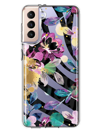 Samsung Galaxy S21 Zebra Stripes Tropical Flowers Purple Blue Summer Vibes Hybrid Protective Phone Case Cover