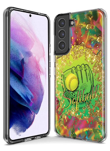 Samsung Galaxy S21 FE Love Softball Girls Glove Green Tie Dye Swirl Paint Hybrid Protective Phone Case Cover