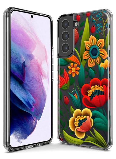 Samsung Galaxy S21 Colorful Red Orange Folk Style Floral Vibrant Spring Flowers Hybrid Protective Phone Case Cover