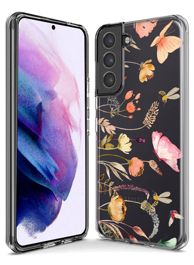 Samsung Galaxy Note 9 Peach Meadow Wildflowers Butterflies Bees Watercolor Floral Hybrid Protective Phone Case Cover