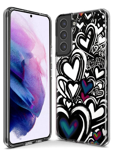 Samsung Galaxy S21 FE Black White Hearts Love Graffiti Hybrid Protective Phone Case Cover