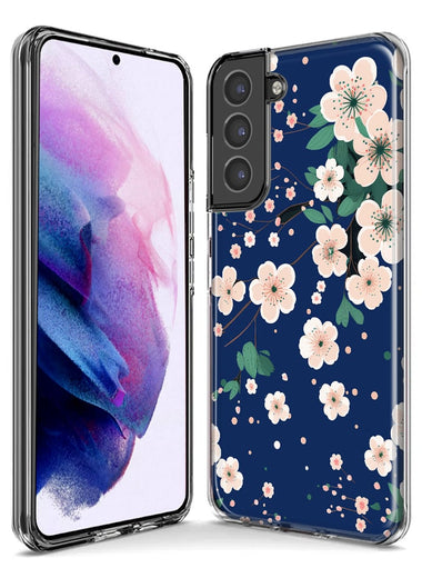 Samsung Galaxy S23 Kawaii Japanese Pink Cherry Blossom Navy Blue Hybrid Protective Phone Case Cover