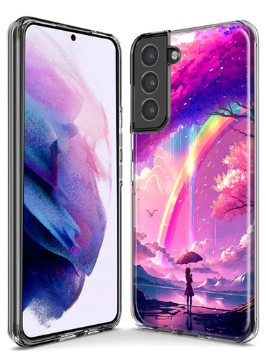 Samsung Galaxy S22 Ultra Kawaii Manga Pink Cherry Blossom Japanese Rainbow Girl Hybrid Protective Phone Case Cover