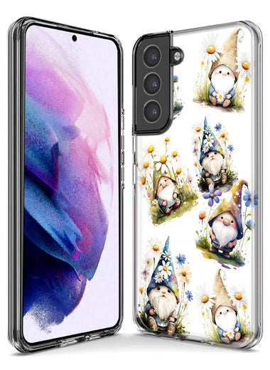 Samsung Galaxy S21 FE Cute White Blue Daisies Gnomes Hybrid Protective Phone Case Cover
