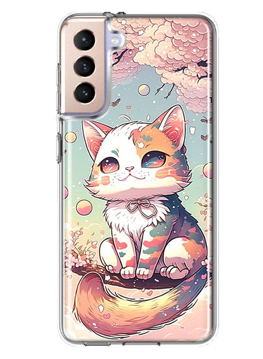 Samsung Galaxy S21 Plus Kawaii Manga Pink Cherry Blossom Cute Cat Hybrid Protective Phone Case Cover
