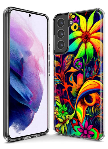 Samsung Galaxy S21 Ultra Neon Rainbow Psychedelic Trippy Hippie Daisy Flowers Hybrid Protective Phone Case Cover
