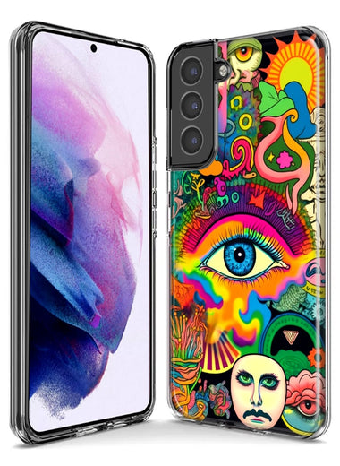 Samsung Galaxy S21 Neon Rainbow Psychedelic Trippy Hippie Multiple Eyes Hybrid Protective Phone Case Cover