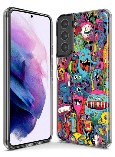 Samsung Galaxy S21 FE Psychedelic Trippy Happy Aliens Characters Hybrid Protective Phone Case Cover