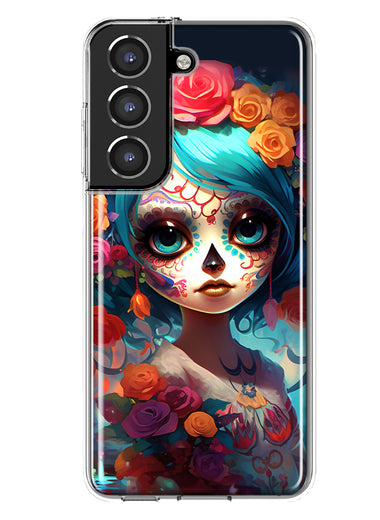 Samsung Galaxy S22 Plus Halloween Spooky Colorful Day of the Dead Skull Girl Hybrid Protective Phone Case Cover