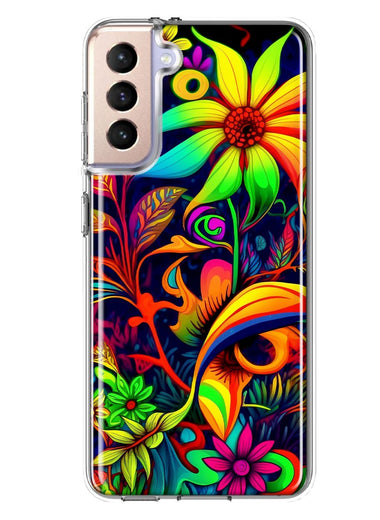 Samsung Galaxy S21 Plus Neon Rainbow Psychedelic Trippy Hippie Daisy Flowers Hybrid Protective Phone Case Cover