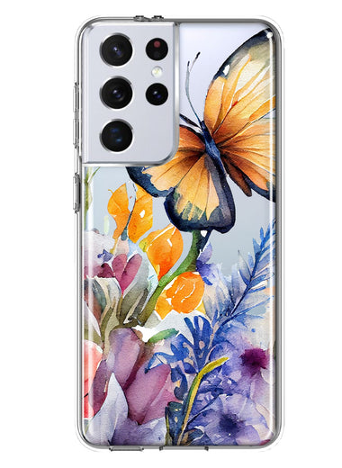 Samsung Galaxy S21 Ultra Spring Summer Flowers Butterfly Purple Blue Lilac Floral Hybrid Protective Phone Case Cover