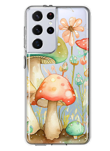Samsung Galaxy S21 Ultra Fairytale Watercolor Mushrooms Pastel Spring Flowers Floral Hybrid Protective Phone Case Cover