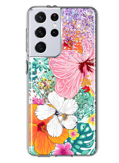 Samsung Galaxy S21 Ultra Hawaiian Vibes Hibiscus Flowers Monstera Vacation Summer Hybrid Protective Phone Case Cover