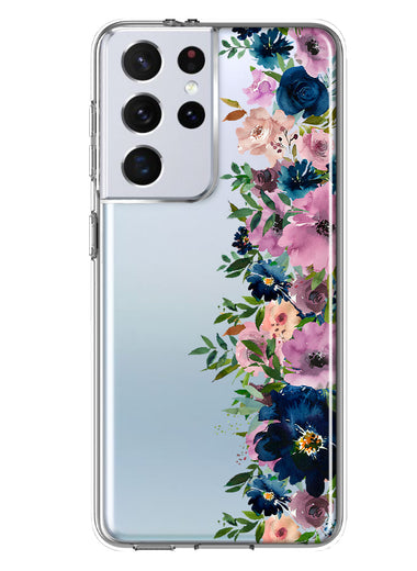Samsung Galaxy S21 Ultra Navy Blue Summer Watercolor Floral Classic Purple Flowers Hybrid Protective Phone Case Cover