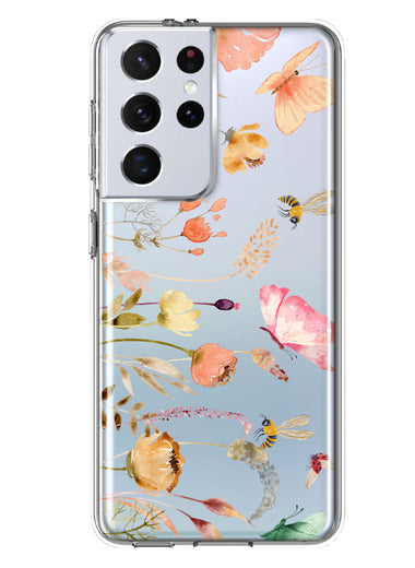 Samsung Galaxy S21 Ultra Peach Meadow Wildflowers Butterflies Bees Watercolor Floral Hybrid Protective Phone Case Cover