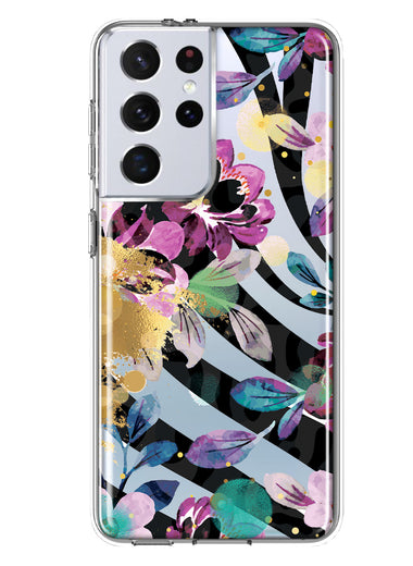 Samsung Galaxy S21 Ultra Zebra Stripes Tropical Flowers Purple Blue Summer Vibes Hybrid Protective Phone Case Cover